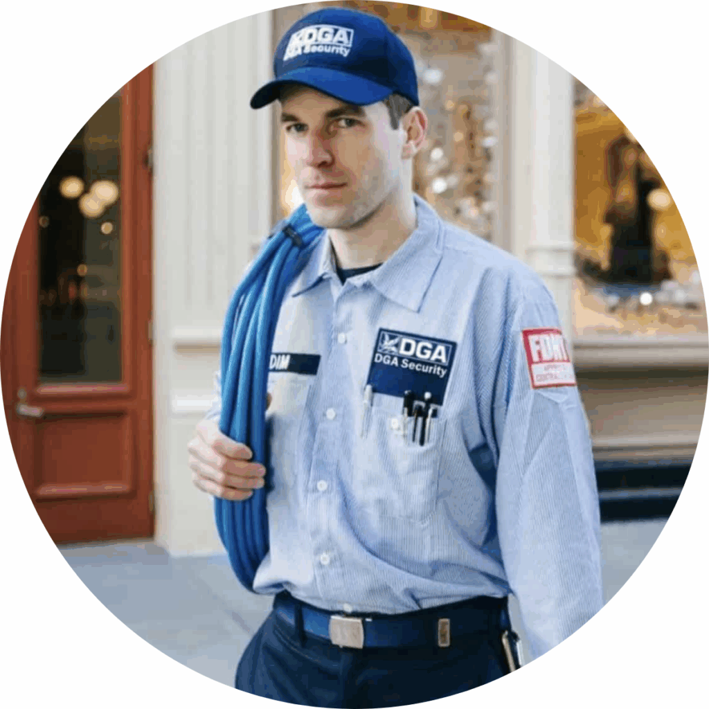 A professional DGA Security technician in uniform holding installation cables, standing outside a New York City building, ready to install or service a commercial security alarm system.