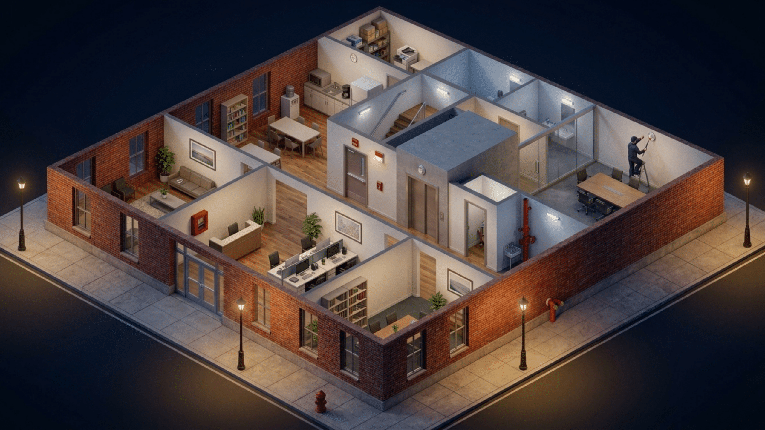 A cutaway of one floor of a New York brick office building at night, showing six stops: the heat detector in the break room, the pull station by the stair door, the smoke detector at the elevators, the fire alarm panel in the lobby, the sprinkler riser and a technician testing a ceiling detector.